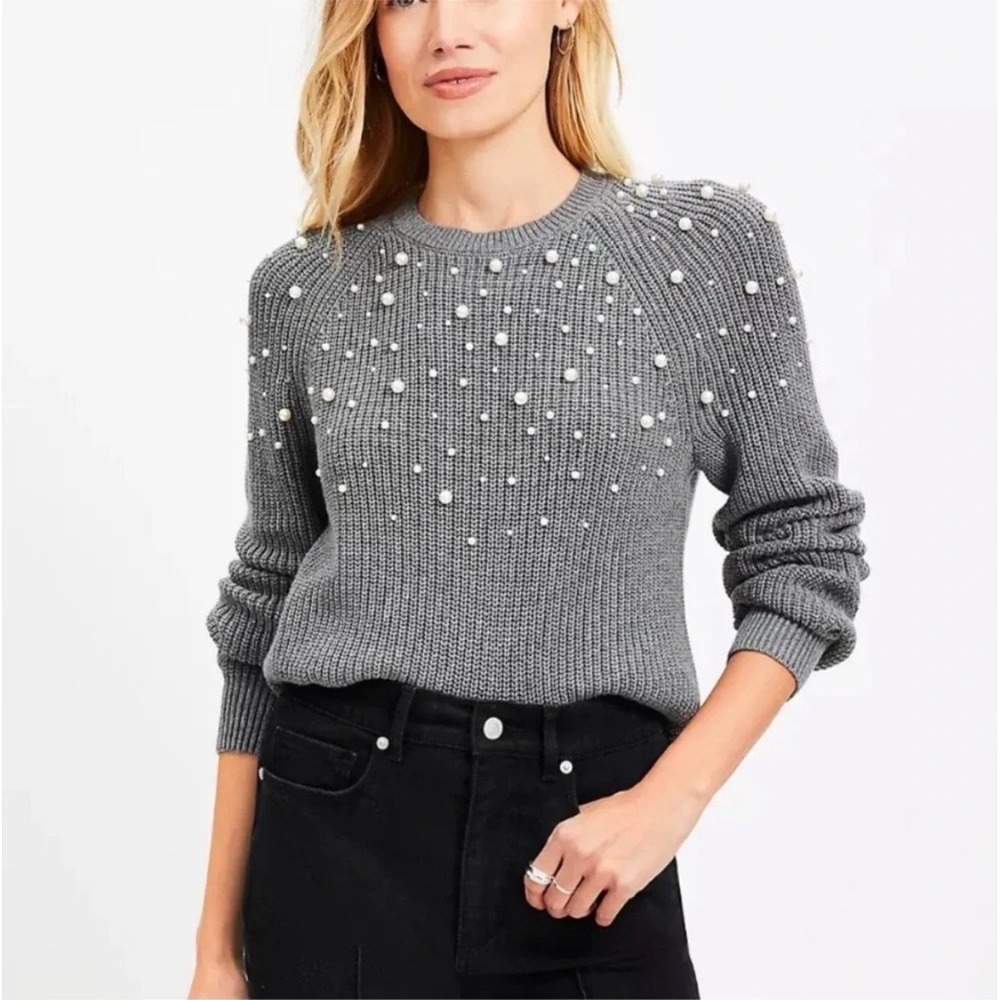 LOFT Gray Pearl Embellished 100% Cotton Sweater, Large